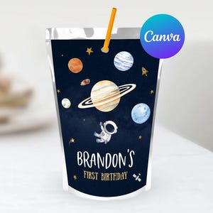 Outer Space First Birthday Boy Capri Sun Labels Editable Template Astronaut First Trip Around the Sun Juice Pouch Labels Digital Printable