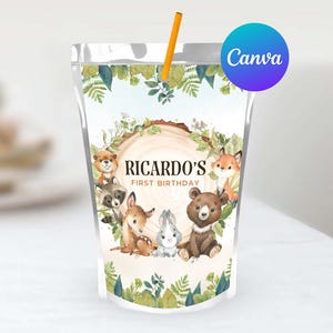 Waldtiere Erster Geburtstag Capri Sun Labels Bearbeitbare Vorlage Party Animals Cute Forest Greenery Juice Pouch Labels Digital Printable