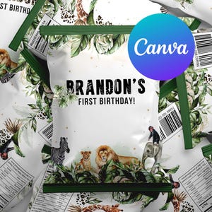 Wild One First Birthday Chip Bags Jungle Greenery Safari Animals Party Tiger Zebra Lion Digital Printable Editable Template Instant Download