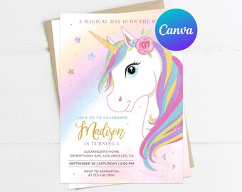 Invitación de cumpleaños de unicornio para niña, estrellas doradas y rosas, decoración de invitación de fiesta mágica, plantilla editable imprimible, impresión digital