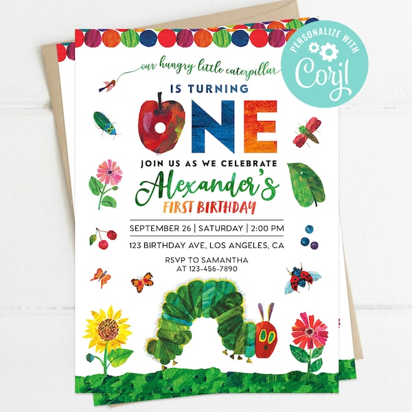 Very Hungry Caterpillar First Birthday Invitation Birthday Party Invite Printable Editable Decoration Template Digital Printed Decor