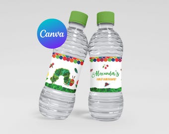 Very Hungry Caterpillar First Birthday Bottle Labels Birthday Party Decoration Custom Template Editable Digital Printable