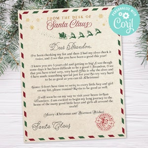 Santa Letter from the Desk of Santa Personalized Letter Greetings from Santa Claus Editable Printable Template Instant Download