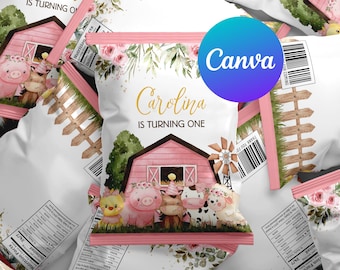 May include: Pink and white favour bags with a farm theme. The bags feature a pink barn, a windmill, and a variety of farm animals. The text "Carolina is turning one" is printed on the front of the bags.