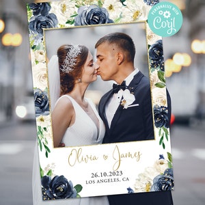 Wedding Photo Booth Frame Prop Decor Wedding Decoration Digital Editable Template Printable Digital Navy Blue Flower Floral Corjl