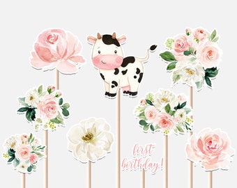 Holy Cow I'm One Centerpieces Cow First Birthday Girl Pink Floral Greenery Farm Girl Party Decoration Cutouts Cake Topper Printable Digital