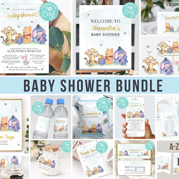 Winnie the Pooh Baby Shower Party Decorations Bundle Piglet Tigger Eeyore Invitation Digital Editable Banners Template Printable Thank You