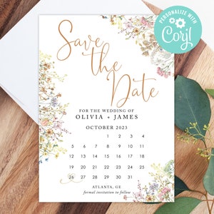 Hochzeit Save the Date Vorlage bearbeitbar druckbare digitaler Download oder gedruckt Wildblumen Blumen Boho Garten Country Corjl