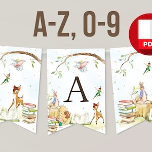May include: A printable banner with a whimsical woodland theme. The banner features characters from Winnie the Pooh, Bambi, Peter Pan, and The Wind in the Willows. The banner is decorated with watercolor illustrations of trees, leaves, and books. The banner includes the letters A-Z and the numbers 0-9.