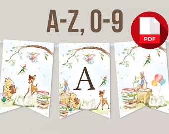 Printable Banner Letters Baby Shower Decoration Storybook New Chapter Fairytale Book Themed Birthday Letters A to Z Digital Instant Download