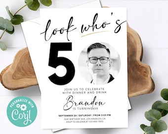 Look Who's 50 Birthday Invitation with Photo Picture Black and White Simple Aesthetic Thirtieth Invite Editable Template Digital or Printed