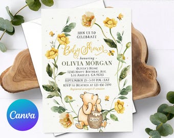 Classic Winnie the Pooh Baby Shower Invitation Template Editable Winnie the Pooh Party Invite Printable Custom Digital or Printed