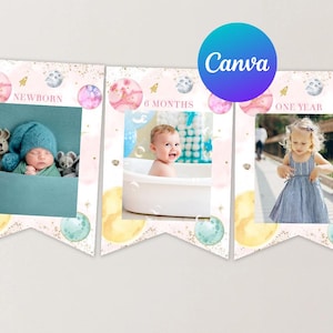 Puede incluir: Una pancarta rosa, azul y dorada con tres marcos de fotos. Los marcos están decorados con planetas y estrellas. El texto en la pancarta dice "Recién nacido", "6 meses" y "Un año".