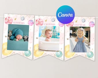 May include: A pink, blue, and gold banner with three photo frames. The frames are decorated with planets and stars. The text on the banner reads "Newborn", "6 Months", and "One Year".