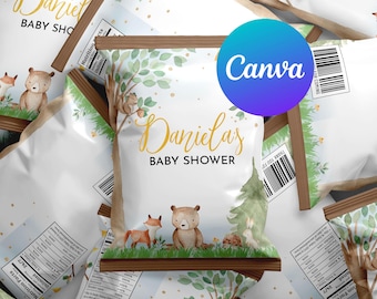 May include: A set of white chip bags with a woodland theme. The bags have a brown border and feature a watercolour illustration of a forest scene with a fox, bear, and rabbit. The text "Danielas Baby Shower" is printed in gold on the front of the bags.