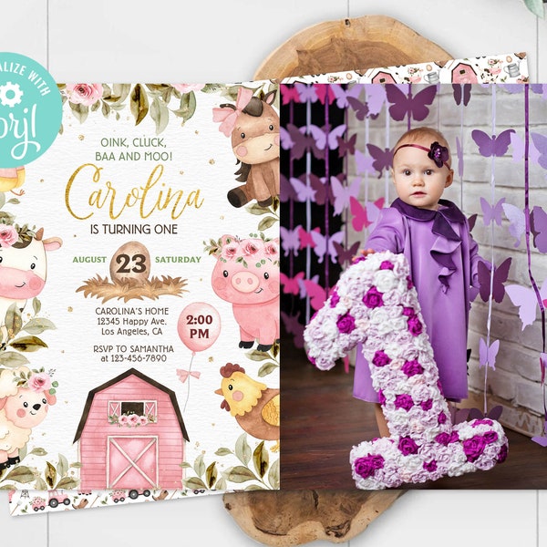 Farm First Birthday Invitation Card Photo Picture Girl Pink Floral Ranch Barnyard Animals Party Invite Editable Template Digital Printable