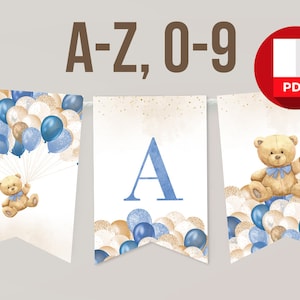Letras para pancartas imprimibles para baby shower de niño, decoración con globos de osito de peluche, letras de cumpleaños de la A a la Z, We Can Bearly Wait, descarga digital instantánea