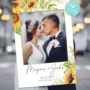 Wedding Photo Booth Frame Prop Decor Digital Editable Template Printable Sunny Yellow Flowers Sunflower Floral Rustic Country Corjl