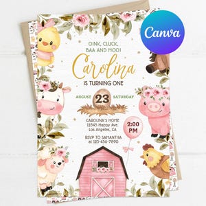 Pode incluir: Um convite rosa e branco com uma ilustração de aquarela de animais de fazenda, incluindo um porco, uma vaca, um frango e um cordeiro. O convite é para uma festa de primeiro aniversário para uma menina chamada Carolina. O texto no convite diz: "Oink, Cluck, BAA and Moo! Carolina is turning one. August 23, Saturday. Carolina's Home 12345 Happy Ave. Los Angeles, CA. RSVP to Samantha at 123-456-7890. 2:00 PM."