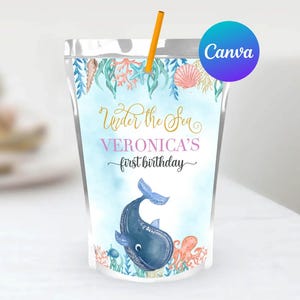 Ocean First Birthday Capri Sun Labels Girl Editable Template Under the Sea Ocean Life Animals Party Juice Pouch Labels Digital Printable
