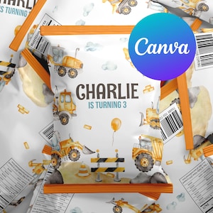 May include: A white and yellow construction themed party favor bag with a yellow border. The bag has a picture of a yellow construction truck and the text "CHARLIE IS TURNING 3".