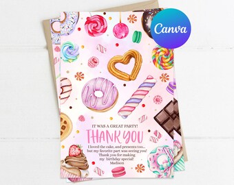 Tarjeta de agradecimiento, dulce decoración para fiesta de cumpleaños, dulces rosados de Candy Land, celebración, donut, piruleta, decoración, plantilla digital imprimible y editable