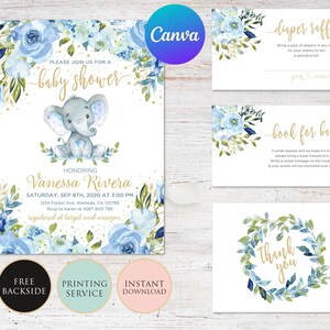 Faire-part pour baby shower, éléphant bleu, téléchargement immédiat, modifiable, carte de demande de livre pour le tirage au sort de couches de remerciement, toile