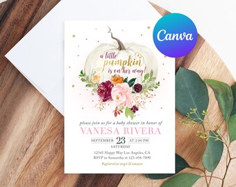 May include: A baby shower invitation featuring a white pumpkin with the text "a little pumpkin is on her way!" surrounded by floral accents. The invitation includes details for Vanesa Rivera's baby shower, including the date, time, and location.