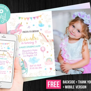 Licorne anniversaire Invitation fille avec photo photo Téléchargement instantané carte de remerciement magique fleurs invitent modèle modifiable Digital Corjl