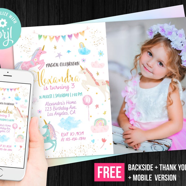 Unicorn Birthday Invitation Girl with Photo Picture Instant Download Magical Thank You Card Flowers Invite Editable Template Digital Corjl