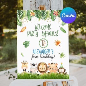 Puede incluir: ¡Bienvenidos animales de la fiesta! ¡Al primer cumpleaños de Alexander! Un cartel blanco con hojas verdes y naranjas y un tema de animales de la selva. El cartel presenta una jirafa, una cebra, un león, un tigre y un mono.