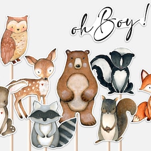 Oh Boy Centerpieces Baby Shower Let the Adventure Begin Woodland Animals Watercolor Decor Cutouts Cake Topper Printable Digital