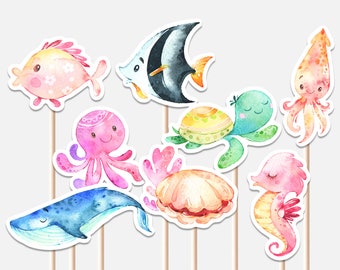 Bajo los centros de mesa del mar Océano primer cumpleaños niña vida del océano animales ballena caballo de mar decoración de los fondos marinos recortes pastel topper imprimible digital