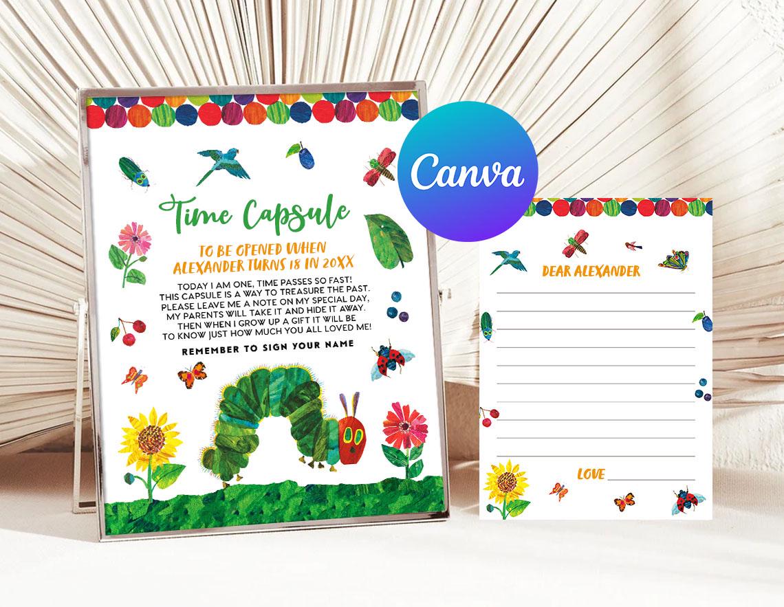 Very Hungry Caterpillar First Birthday Time Capsule with Matching Note Cards Birthday Party Decoration Digital Printable Editable Template