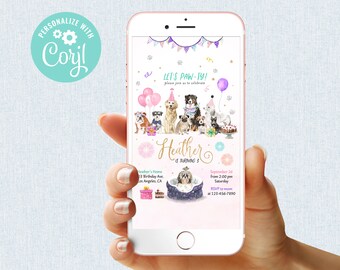 Lets Pawty Birthday Girl Invitation Puppy Animal Party Dog Invite Digital Instant Download Editable Template Mobile Phone Electronic SMS