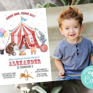 Inbjudningskort för cirkusfödelsedag, foto, cirkusdjur, karneval, barnfödelsedagsfest, inbjudningsdekor, redigerbar mall, digitalt utskrivbar