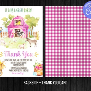 Ferme Merci carte vichy rouge ferme anniversaire fille basse-cour merci carte animaux anniversaire téléchargement instantané numérique modèle modifiable Corjl