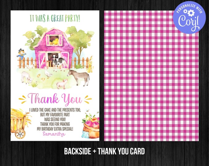 Editable Farm Animals Thank You Card Pink Gingham Farm Birthday Girl ...