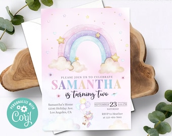 Rainbow Unicorn Birthday Invitation Girl Magical Unicorn Over the Rainbow Pink Stars Balloons Printable Editable Template Digital or Printed