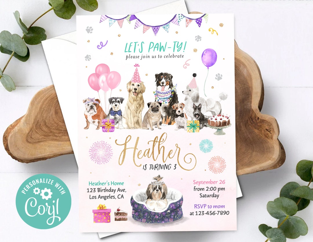 Lets Pawty Birthday Girl Invitation Puppy Animal Party Dog Invite ...