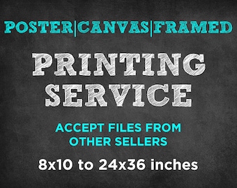 May include: Black chalkboard with white chalk writing advertising printing services. The text reads "POSTER|CANVAS|FRAMED PRINTING SERVICE ACCEPT FILES FROM OTHER SELLERS 8x10 to 24x36 inches".