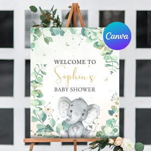 Letrero de bienvenida para baby shower con forma de elefante, Oh Baby, lindo, pequeño, maní, flores, vegetación, dorado, letrero de bienvenida para exteriores, plantilla editable e imprimible