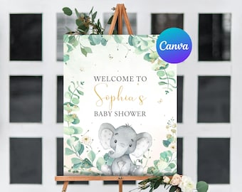 Olifant babyshower welkomstbord Oh Baby schattige kleine pinda bloemen groen goud welkom buiten tuinbord bewerkbare sjabloon afdrukbare