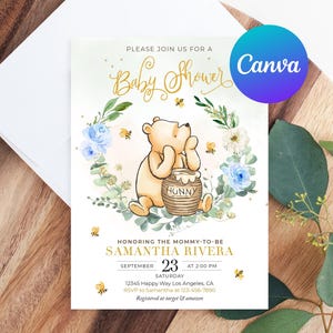 Modèle classique d&#39;invitation de baby shower Winnie l&#39;ourson imprimable et modifiable Invitations numériques ou imprimées sur toile