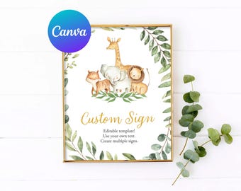 Baby Shower Custom Sign Safari Animals Elephant Giraffe Tiger Jungle Greenery Outdoor Yard Sign Editable Template Printable