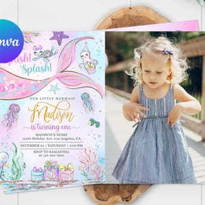 Carte d'invitation d'anniversaire de sirène, photo de fille, queue de sirène, vie sous-marine sous la mer, modèle modifiable d'invitation des fonds marins, impression numérique