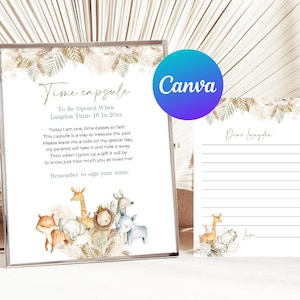 Wild One First Birthday Time Capsule Safari Animals Party Matching Notitiekaarten Pampasgras Tijger Neushoorn Digitale afdrukbare bewerkbare sjabloon