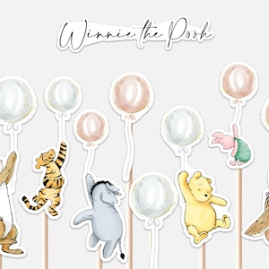 Classic Winnie the Pooh Centerpieces Baby Shower Decoration Tigger Piglet Eeyore Balloons Party Decor Cutouts Cake Topper Printable Digital