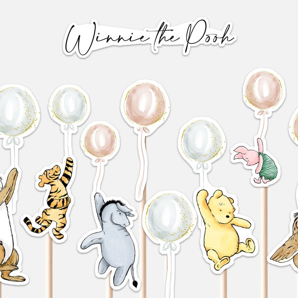 Classic Winnie the Pooh Centerpieces Baby Shower Decoration Tigger Piglet Eeyore Balloons Party Decor Cutouts Cake Topper Printable Digital