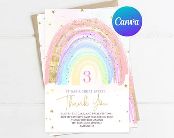 May include: A rainbow-themed thank you card with gold glitter accents. The card features a rainbow with a number 3 in the center and the text "It was a great party! Thank you. I loved the cake, and presents too. But my favorite part was seeing you! Thank you for making my birthday special! Samantha."